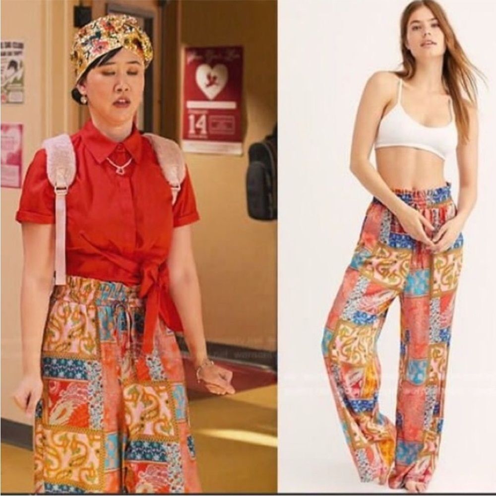 Free People Intimately Patch Things Up Satin Wide Leg Pull On Pants Size Large